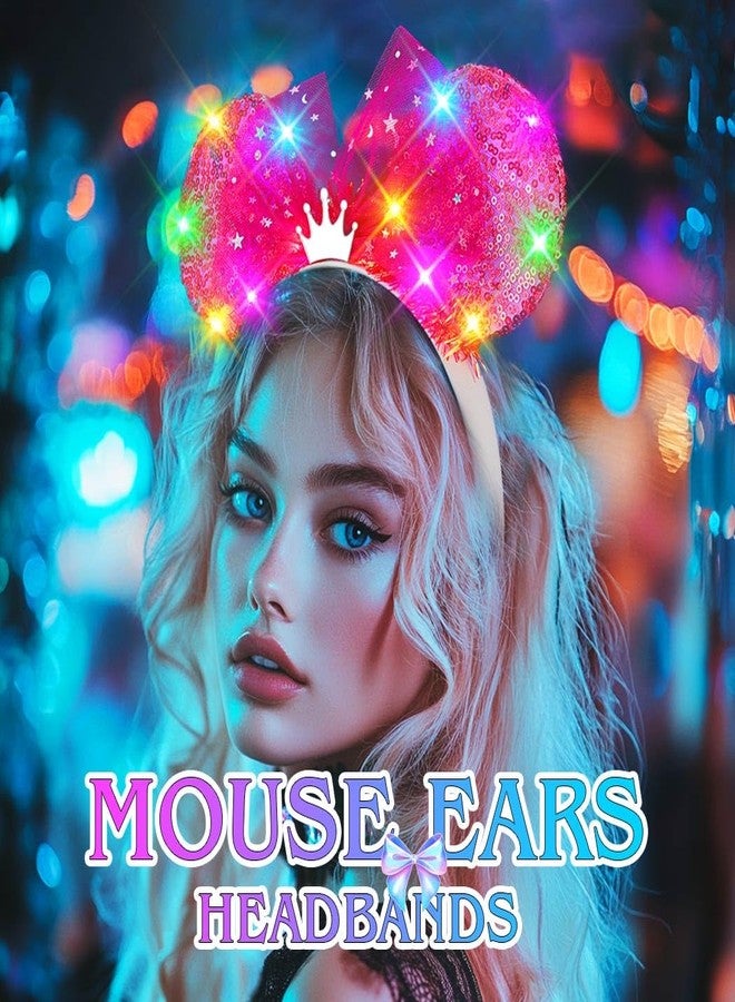 ACEDRE Light Up Mouse Ears Headband Sequin Bow Princess Crown Hair Accessories for Women (A-Rose Red, One Size) - Image 2